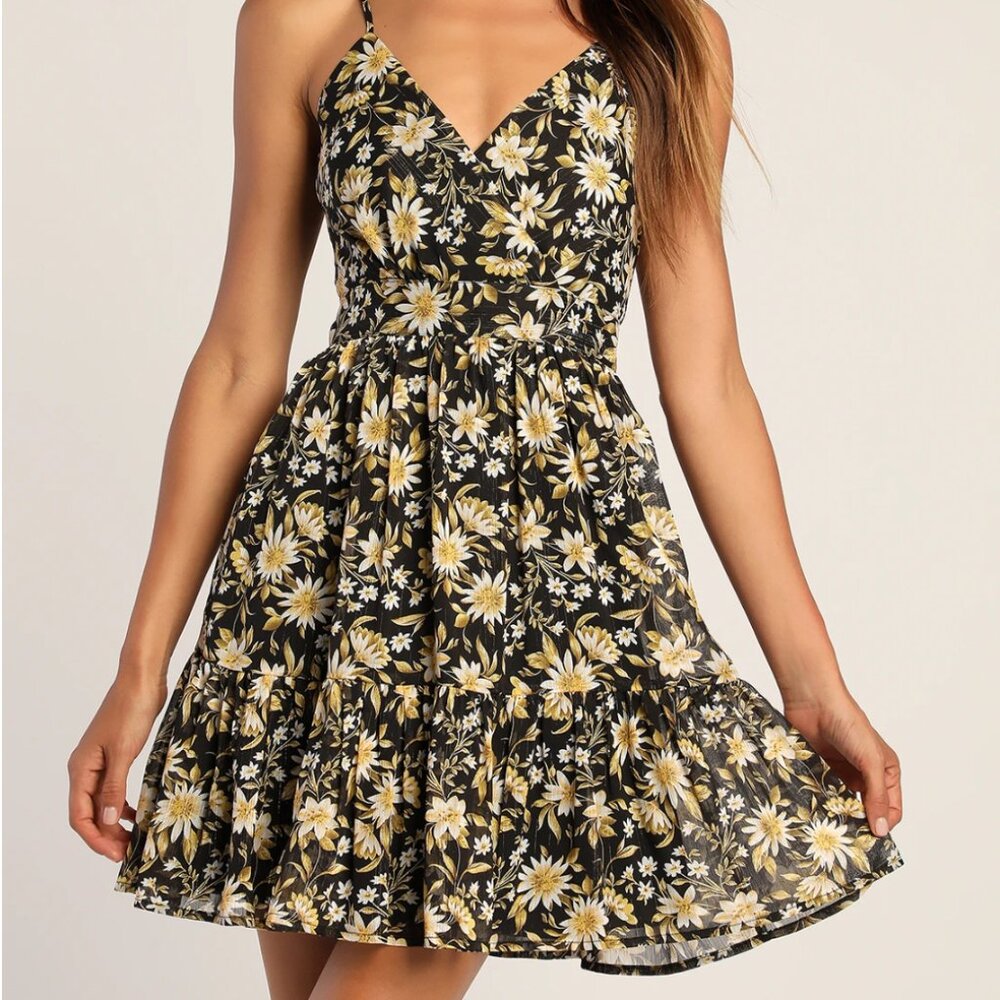 Bold Blossoms Black Floral Print Metallic Tiered Mini Dress - Size S, Never worn